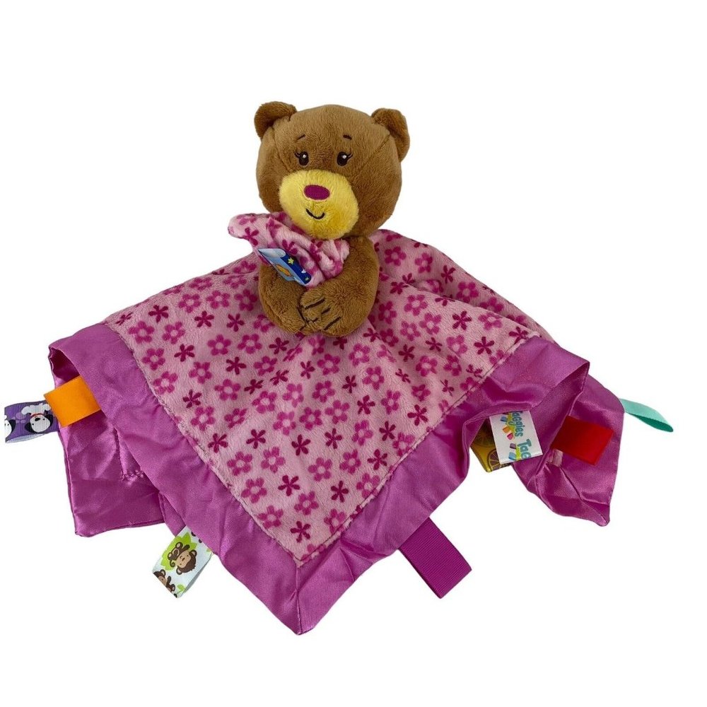 Taggies Teddy Bear Lovey Pink Flowers Satin Trim Back 14" Security Blanket